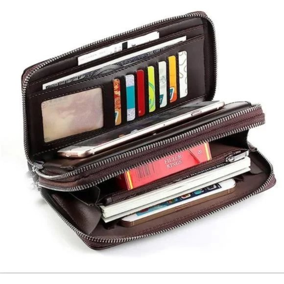 Mens Long Wallet Leather Brown Coffee - Picture 4 of 7